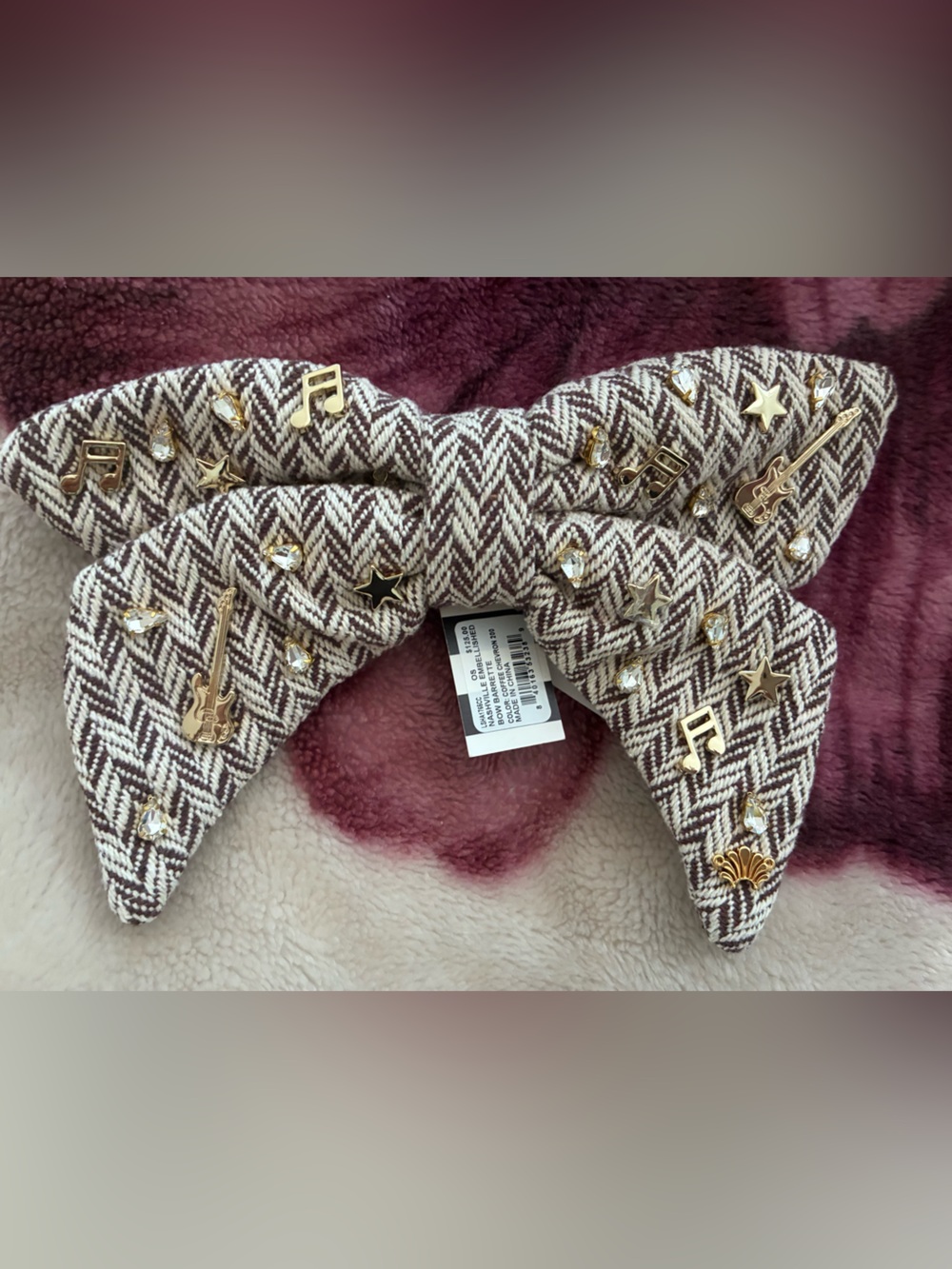 Lele Sadoughi Nashville Brown Coffee Herringbone Bow Barrette with Gold Charms